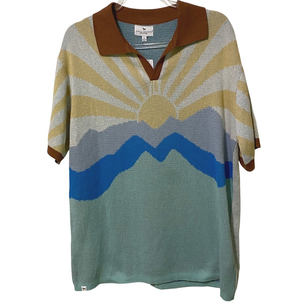 Mens Knit Polo Shirt Sweater L Cotton Sunrise Granola Boy Resort Wear‎ Vacation